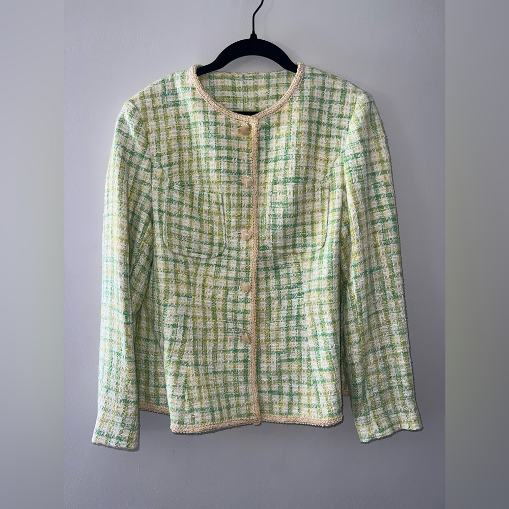 Chic Green and Cream Tweed Jacket Size M